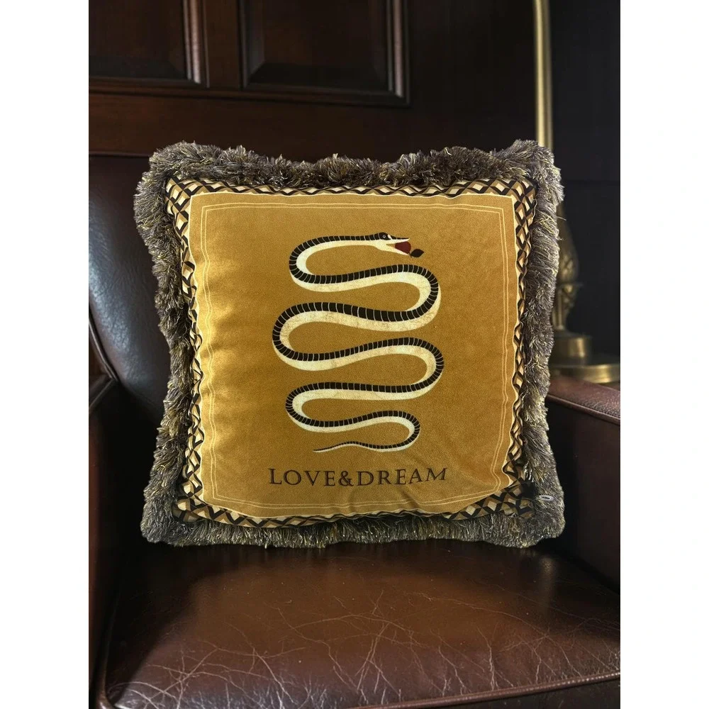 Velvet Snake Throw Pillow Love & Dream Gold Fringe Boho Gothic Maximalist Decor